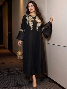 Al Najma Plus Size Women Arabic Style Elegant Floral Patchwork Long Loose Dress, Suitable For Spring And Autumn - Black - View 7