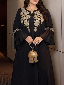 Al Najma Plus Size Women Arabic Style Elegant Floral Patchwork Long Loose Dress, Suitable For Spring And Autumn - Black - View 5