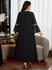 Al Najma Plus Size Women Arabic Style Elegant Floral Patchwork Long Loose Dress, Suitable For Spring And Autumn - Black - View 2