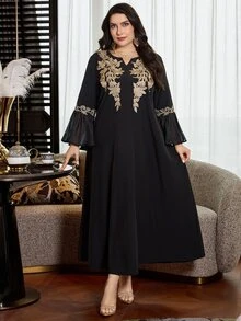Al Najma Plus Size Women Arabic Style Elegant Floral Patchwork Long Loose Dress, Suitable For Spring And Autumn - Black - View 3