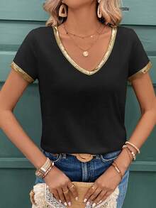 EMERY ROSE Women Casual V-Neck Contrast Color Block Short Sleeve T-Shirt - Black - View 7