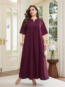 Al Najma Plus Size Arabic Style, Pleated Woven Fabric, 3/4 Sleeve Loose, Wide Hem Fashionable Dress - Red Violet - View 5