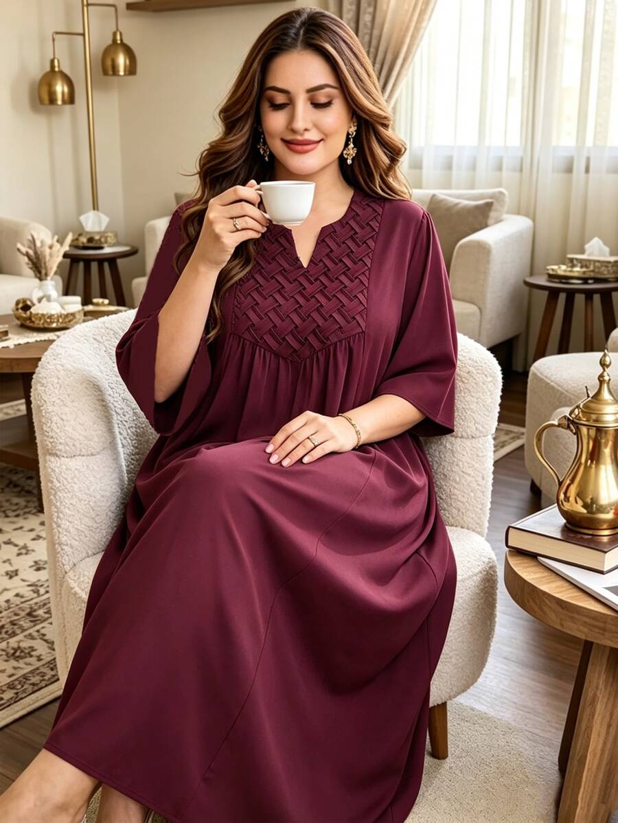 Al Najma Plus Size Arabic Style, Pleated Woven Fabric, 3/4 Sleeve Loose, Wide Hem Fashionable Dress - Red Violet - View 1