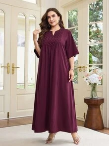 Al Najma Plus Size Arabic Style, Pleated Woven Fabric, 3/4 Sleeve Loose, Wide Hem Fashionable Dress - Red Violet - View 8