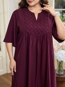Al Najma Plus Size Arabic Style, Pleated Woven Fabric, 3/4 Sleeve Loose, Wide Hem Fashionable Dress - Red Violet - View 10