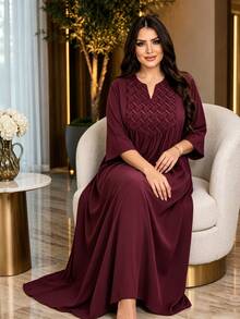 Al Najma Plus Size Arabic Style, Pleated Woven Fabric, 3/4 Sleeve Loose, Wide Hem Fashionable Dress - Red Violet - View 4