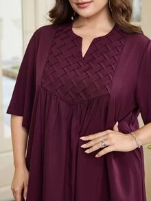 Al Najma Plus Size Arabic Style, Pleated Woven Fabric, 3/4 Sleeve Loose, Wide Hem Fashionable Dress - Red Violet - View 3