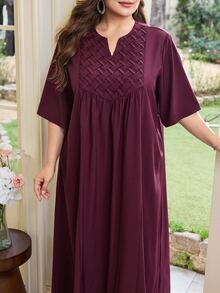 Al Najma Plus Size Arabic Style, Pleated Woven Fabric, 3/4 Sleeve Loose, Wide Hem Fashionable Dress - Red Violet - View 7