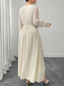 Modelyn Elegant Floral Embroidery Mesh Patchwork Plus Size Women Dress Fall Cloth For Women - Apricot - View 2