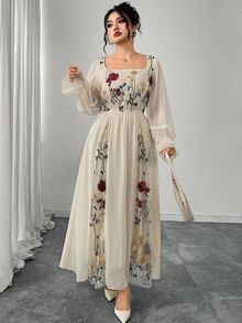 Modelyn Elegant Floral Embroidery Mesh Patchwork Plus Size Women Dress Fall Cloth For Women - Apricot - View 7