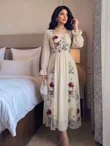 Modelyn Elegant Floral Embroidery Mesh Patchwork Plus Size Women Dress Fall Cloth For Women - Apricot - View 1