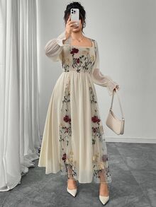 Modelyn Elegant Floral Embroidery Mesh Patchwork Plus Size Women Dress Fall Cloth For Women - Apricot - View 4