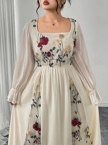 Modelyn Elegant Floral Embroidery Mesh Patchwork Plus Size Women Dress Fall Cloth For Women - Apricot - View 8
