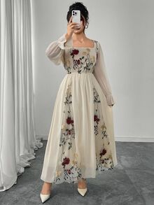 Modelyn Elegant Floral Embroidery Mesh Patchwork Plus Size Women Dress Fall Cloth For Women - Apricot - View 5
