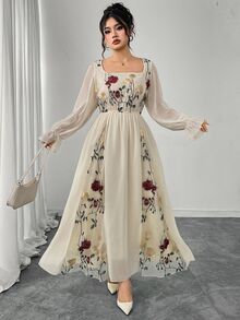 Modelyn Elegant Floral Embroidery Mesh Patchwork Plus Size Women Dress Fall Cloth For Women - Apricot - View 6