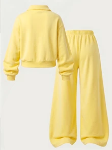 SHEIN Sparklyn Tween Girls Sweatshirt Set, Butter Yellow, Hoodie + Joggers, Loose Fit, Autumn/Winter, Casual Athletic, Fleece Lined, Daily Wear, Zipper, School - Yellow - View 2