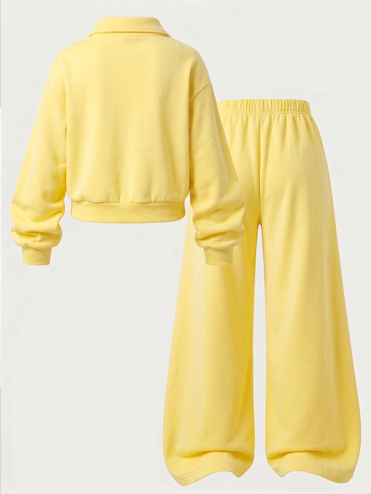 SHEIN Sparklyn Tween Girls Sweatshirt Set, Butter Yellow, Hoodie + Joggers, Loose Fit, Autumn/Winter, Casual Athletic, Fleece Lined, Zipper, School Vacation - Yellow - View 2