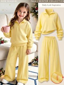 SHEIN Sparklyn Tween Girls Sweatshirt Set, Butter Yellow, Hoodie + Joggers, Loose Fit, Autumn/Winter, Casual Athletic, Fleece Lined, Daily Wear, Zipper, School - Yellow - View 3