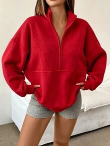 INAWLY 女士休闲立领半拉链卫衣，秋季长袖上衣，毕业季、教师节、返校季套头衫 - 紅色 - 查看 4