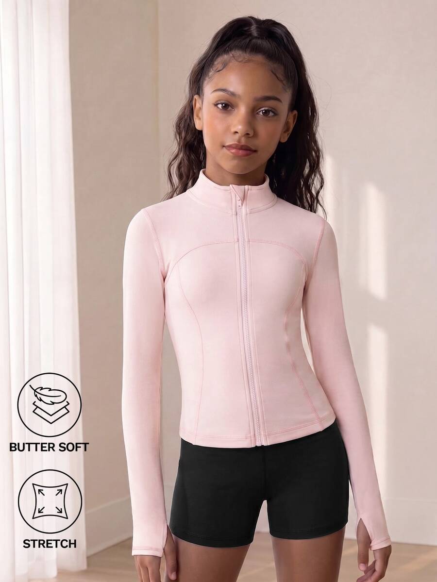 SHEIN Tween Girl Sportswear, Pink Stretch Sun Protection Yoga Jacket, Yoga, Pilates, Running, Outdoor Sports, Autumn Winter, Fall Winter, Back To School