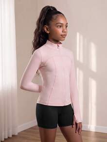 SHEIN Tween Girl Sportswear, Pink Stretch Sun Protection Yoga Jacket, Yoga, Pilates, Running, Outdoor Sports, Autumn Winter, Fall Winter, Back To School - Baby Pink - View 5