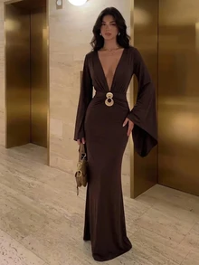 Aloruh Women's Autumn/Winter Deep V-Neck Metal Decor Bell Sleeve Dress - Brown - View 2