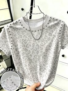 Resyla Niche Design White Animal Print Leopard Print Digital Print Shoulder Sleeve Rivet Round Neck Casual Short Sleeve Top School Going Out Night Out Summer - Multicolor - View 1