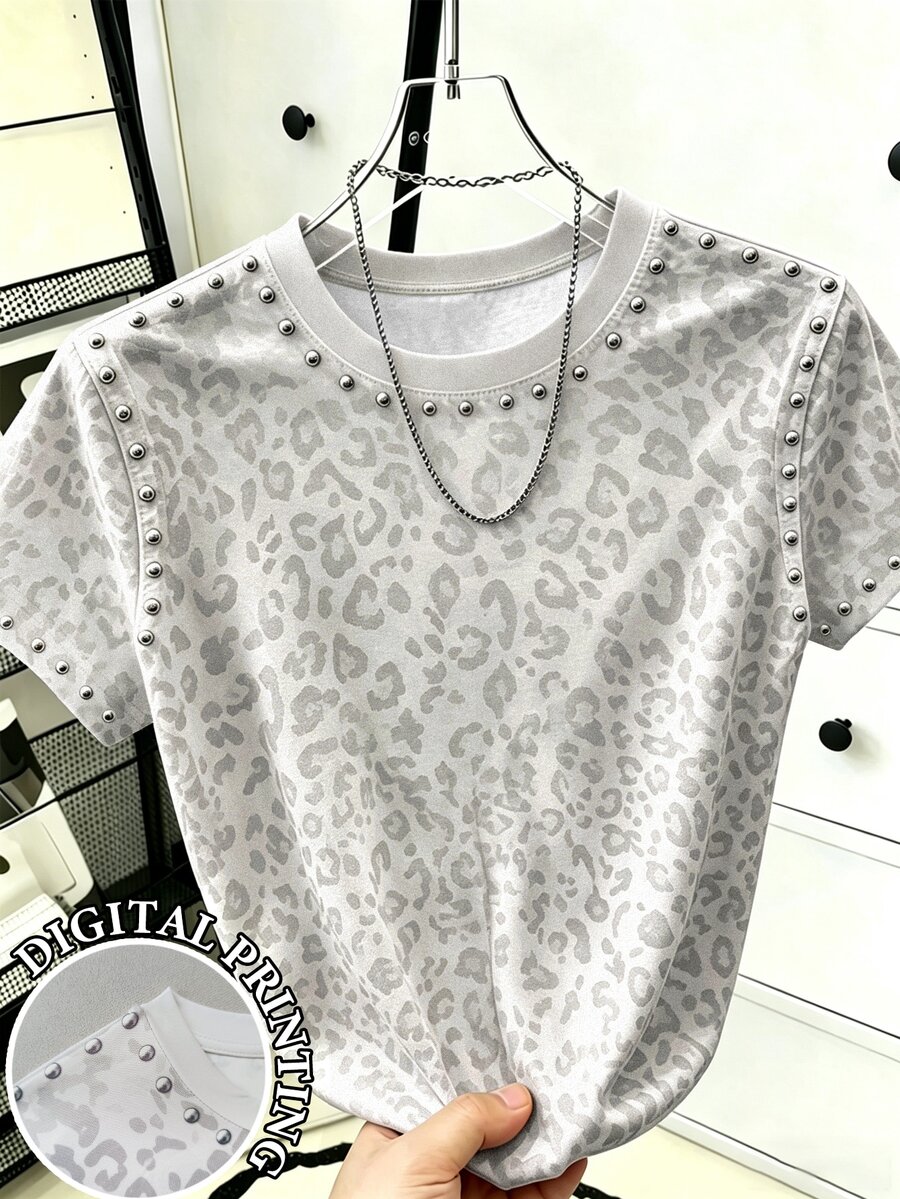 Resyla Niche Design White Animal Print Leopard Print Digital Print Shoulder Sleeve Rivet Round Neck Casual Short Sleeve Top School Going Out Night Out Summer - Multicolor - View 1