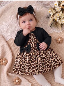 SHEIN 2pcs Newborn Baby Girls Tutu Dress Cute Sweet Black Leopard Bow Ruffle Ribbed Long Sleeve Round Neck Regular Holiday Fall Elegant Chic Decor - Black - View 3