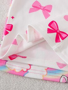 SHEIN 女嬰睡衣 4 件套 針織修身睡衣 女嬰印花花朵蝴蝶結與小貓圖案圓領長袖上衣與條紋修身褲，柔軟舒適可愛風格，適合初秋與秋冬 - 粉色 - 查看 8