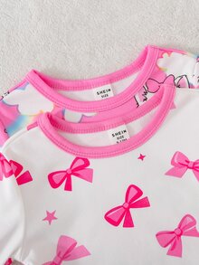 SHEIN 女嬰睡衣 4 件套 針織修身睡衣 女嬰印花花朵蝴蝶結與小貓圖案圓領長袖上衣與條紋修身褲，柔軟舒適可愛風格，適合初秋與秋冬 - 粉色 - 查看 6