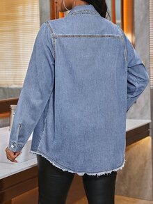 Slaydiva New Washed Loose Fit Plus Size Denim Top Dates Vacation Navy Blue Autumn 90s - Blue - View 2