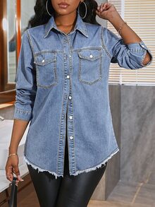 Slaydiva New Washed Loose Fit Plus Size Denim Top Dates Vacation Navy Blue Autumn 90s - Blue - View 1