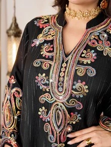 Al Najma Casual Geometric Line Print Embroidered Mandarin Collar Cut-Out Long Sleeve Loose Regular Spring/Autumn Plus Size Women Arabic Summer Vacation Boho - Multicolor - View 7