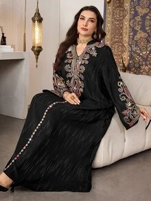 Al Najma Casual Geometric Line Print Embroidered Mandarin Collar Cut-Out Long Sleeve Loose Regular Spring/Autumn Plus Size Women Arabic Summer Vacation Boho - Multicolor - View 1