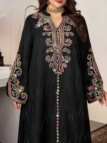 Al Najma Casual Geometric Line Print Embroidered Mandarin Collar Cut-Out Long Sleeve Loose Regular Spring/Autumn Plus Size Women Arabic Summer Vacation Boho - Multicolor - View 3