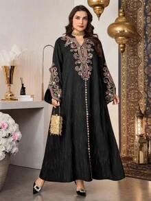 Al Najma Casual Geometric Line Print Embroidered Mandarin Collar Cut-Out Long Sleeve Loose Regular Spring/Autumn Plus Size Women Arabic Summer Vacation Boho - Multicolor - View 4