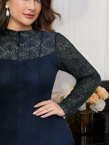 Modelyn Plus Size Long Sleeve Lace Fitted Elegant Minimalist Romantic Dress Fall - Navy Blue - View 4