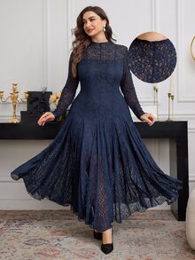 Modelyn Plus Size Long Sleeve Lace Fitted Elegant Minimalist Romantic Dress Fall - Navy Blue - View 3