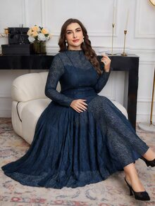 Modelyn Plus Size Long Sleeve Lace Fitted Elegant Minimalist Romantic Dress Fall - Navy Blue - View 5