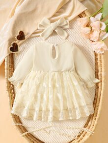 SHEIN 2pcs Set Newborn Spring/Autumn Burgundy Sweet Princess Style Bow Lace Mesh Patchwork Long Sleeve Dress With Headband Set, Loose Comfortable Fit, Suitable For Daily Outings, Full Moon Banquet, First Birthday Party, Holiday Gathering, Photo Shoot - Apricot - View 2