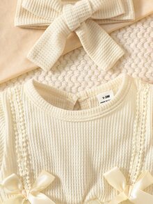 SHEIN 2pcs Set Newborn Spring/Autumn Burgundy Sweet Princess Style Bow Lace Mesh Patchwork Long Sleeve Dress With Headband Set, Loose Comfortable Fit, Suitable For Daily Outings, Full Moon Banquet, First Birthday Party, Holiday Gathering, Photo Shoot - Apricot - View 5