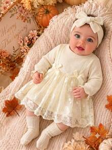 SHEIN 2pcs Set Newborn Spring/Autumn Burgundy Sweet Princess Style Bow Lace Mesh Patchwork Long Sleeve Dress With Headband Set, Loose Comfortable Fit, Suitable For Daily Outings, Full Moon Banquet, First Birthday Party, Holiday Gathering, Photo Shoot - Apricot - View 1