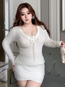 REIGN AVE V-Neck Tie-Front Sexy Minimalist Sexy Elegant Base Layer Pullover Sweater, Spring/Autumn New Style - Beige - View 1