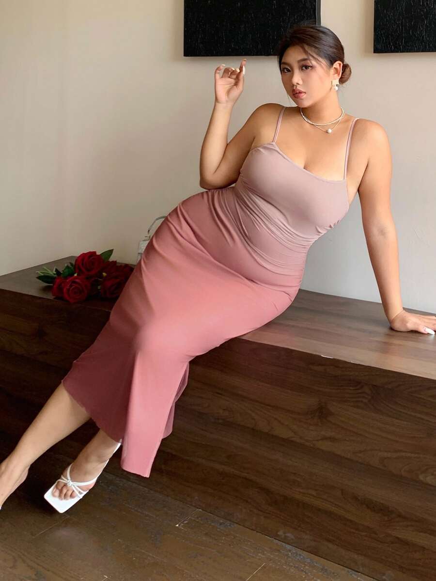 REIGN AVE Valentine Plus Size Stretchy Bodycon Ombre Knit Mesh Maxi Slip Dress, Back To School Clothes - Brown - View 1