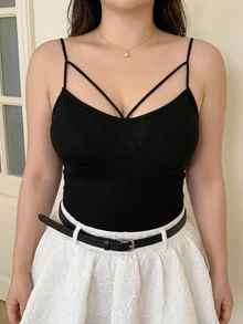 REIGN AVE Women Plain Hollow Out Slim Fit Cropped Camisole Tank Tops, Sleeveless Layering, All Season - Black - View 16