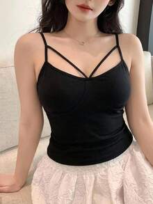 REIGN AVE Women Plain Hollow Out Slim Fit Cropped Camisole Tank Tops, Sleeveless Layering, All Season - Black - View 13
