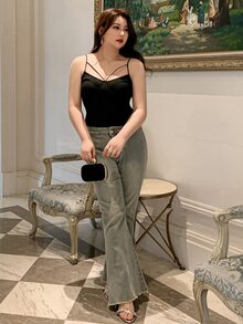 REIGN AVE Women Plain Hollow Out Slim Fit Cropped Camisole Tank Tops, Sleeveless Layering, All Season - Black - View 4