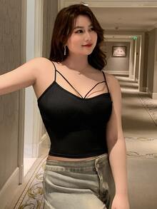 REIGN AVE Women Plain Hollow Out Slim Fit Cropped Camisole Tank Tops, Sleeveless Layering, All Season - Black - View 3