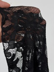 Viva Relle Plus Size Mature Style V-Neck Lace Patchwork Ruffle Bell Sleeve Base Layer Top, Ruched Cinched Waist Sheer Hollow Out Long Sleeve Black Sexy Inner Layer Blouse For Date - Black - View 7